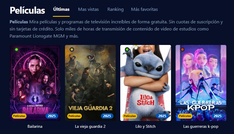 Captura de pantalla de la interfaz de usuario de Pelisplus, mostrando una amplia variedad de pel&iacute;culas y series.